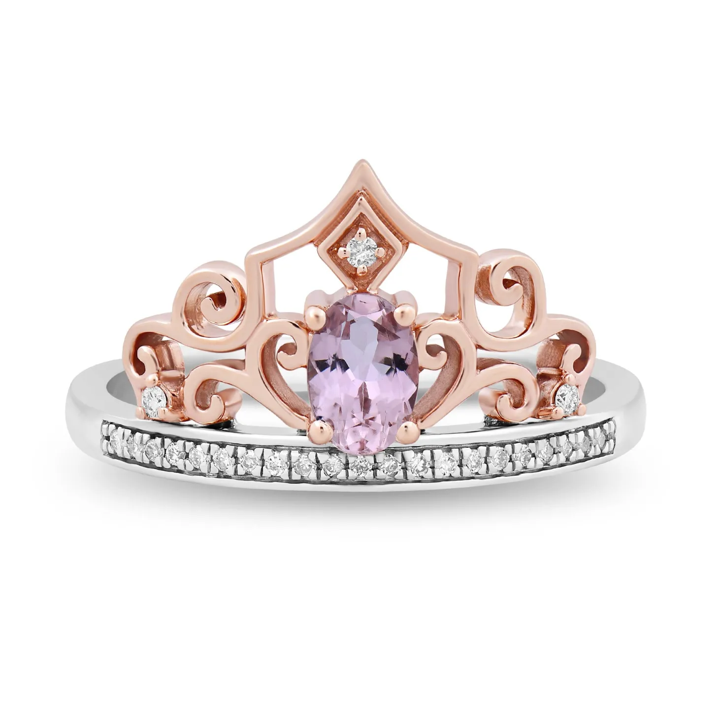 Enchanted Disney Fine Jewelry Sterling Silver and 10K Rose Gold 1/10 CTTW and Pink Tourmaline Aurora Tiara Ring