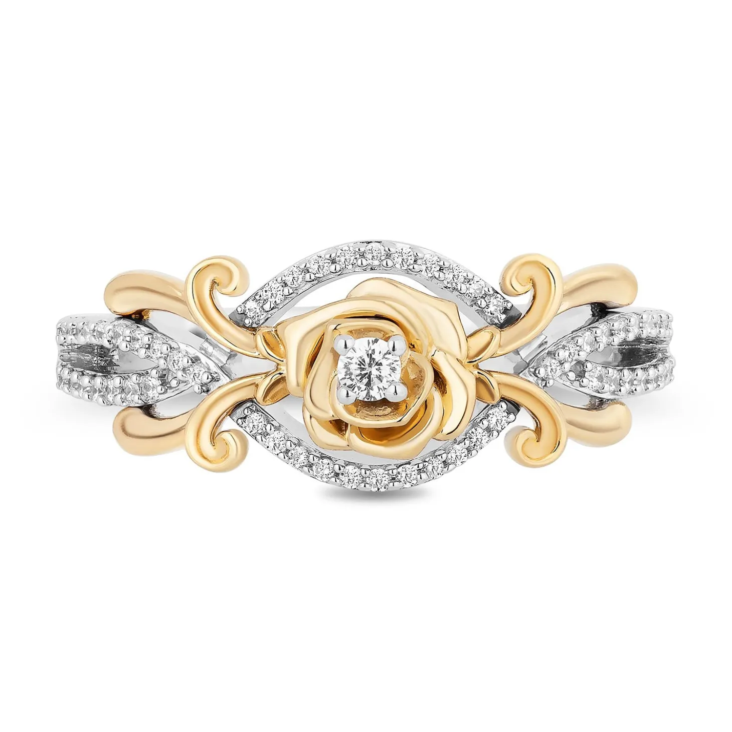Enchanted Disney Fine Jewelry Sterling Silver and 10K Yellow Gold with 1/5 CTTW Diamond Belle 30th Rose Ring