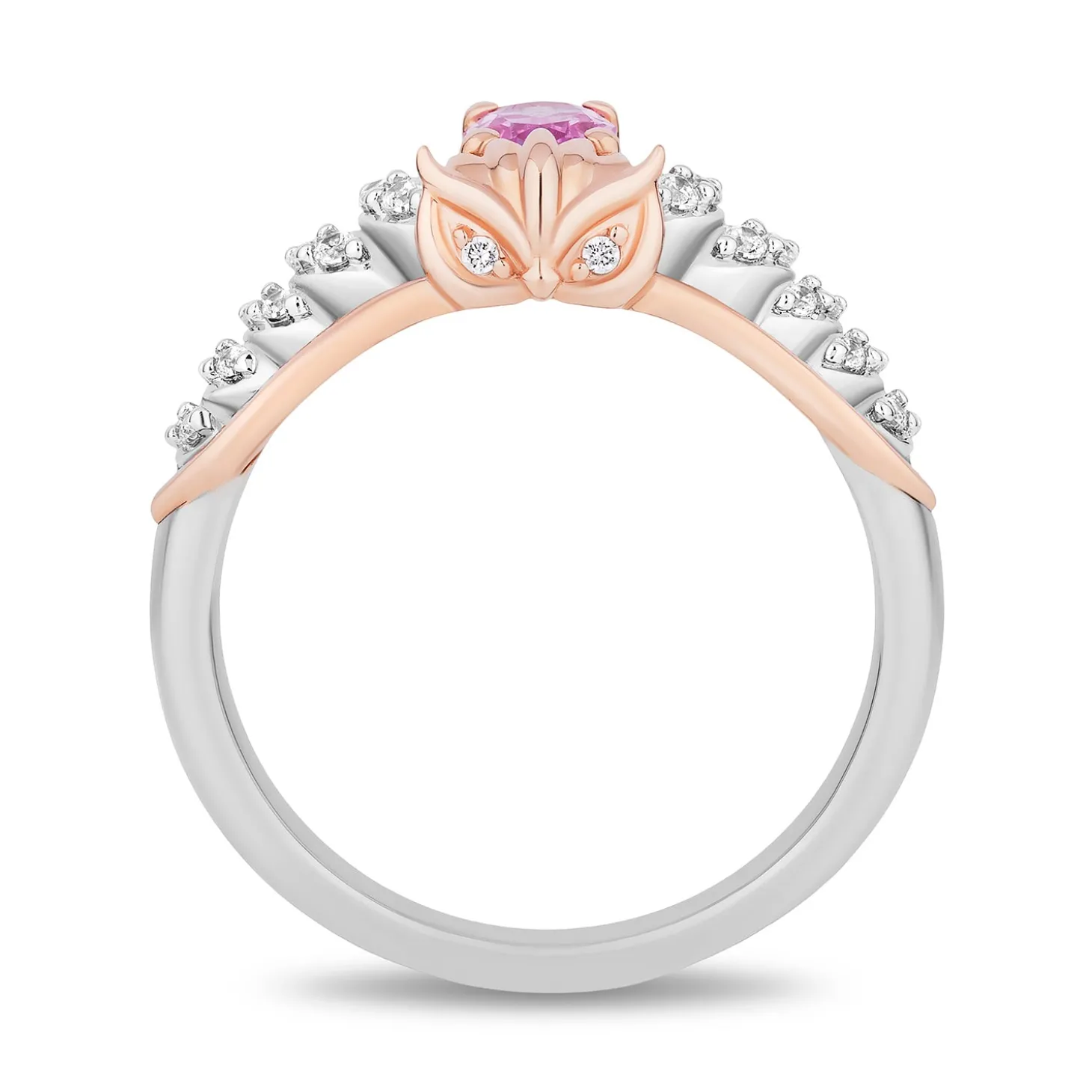 Enchanted Disney Fine Jewelry 14K Rose Gold Over Sterling Silver with 1/8 CTTW Diamonds and Created Pink Sapphire Sleeping Beauty 65th Anniversary Celebration Aurora Owl Ring