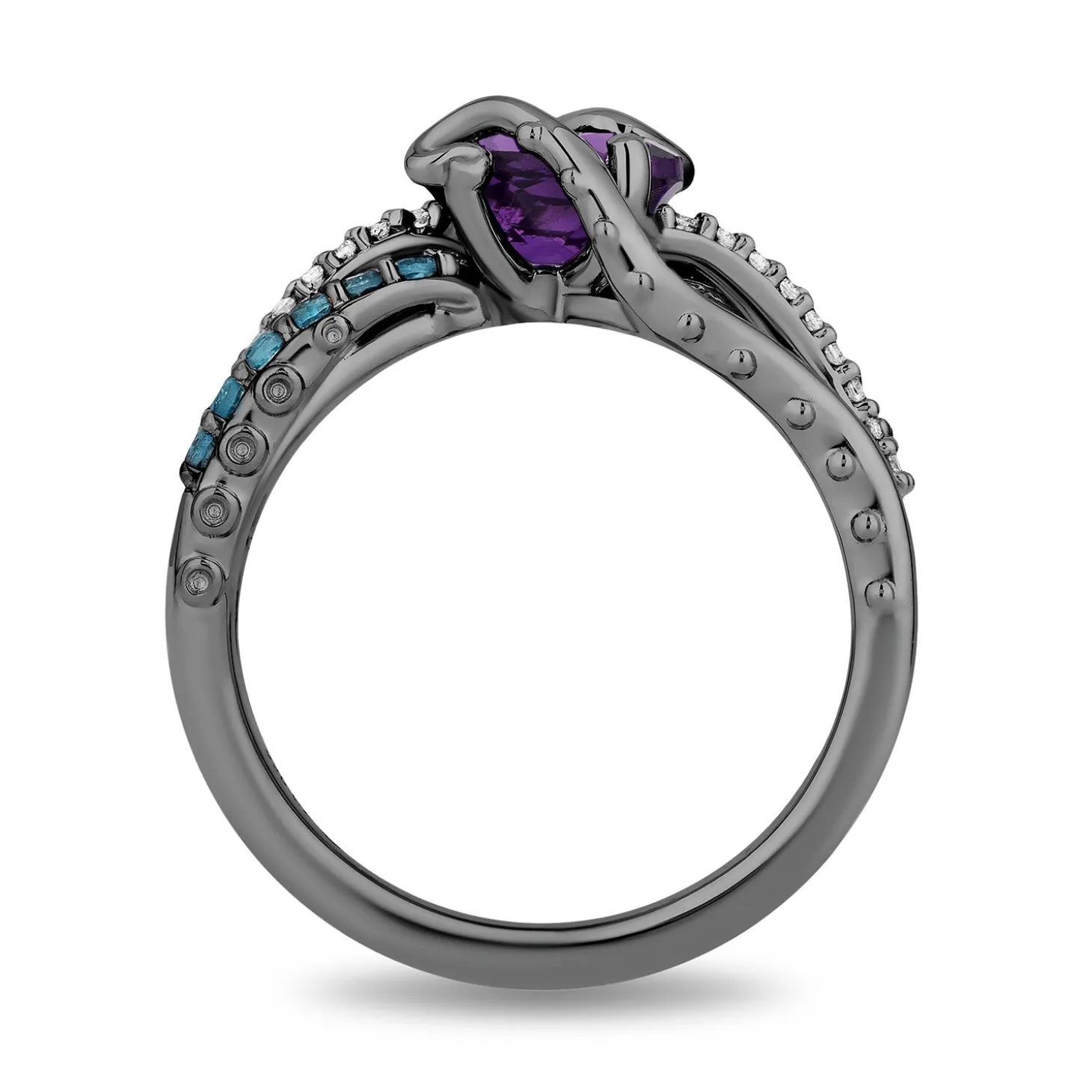 Enchanted Disney Fine Jewelry Black Rhodium Over Sterling Silver with 1/10 CTTW Diamonds, Amethyst and Swiss Blue Topaz Ursula Ring