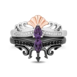 Enchanted Disney Fine Jewelry Black Rhodium and 14K Rose Gold over Sterling Silver With 1/6 CTTW Black and White Diamond and Pear Amethyst Ariel and Ursula Villains Duo Stack Ring