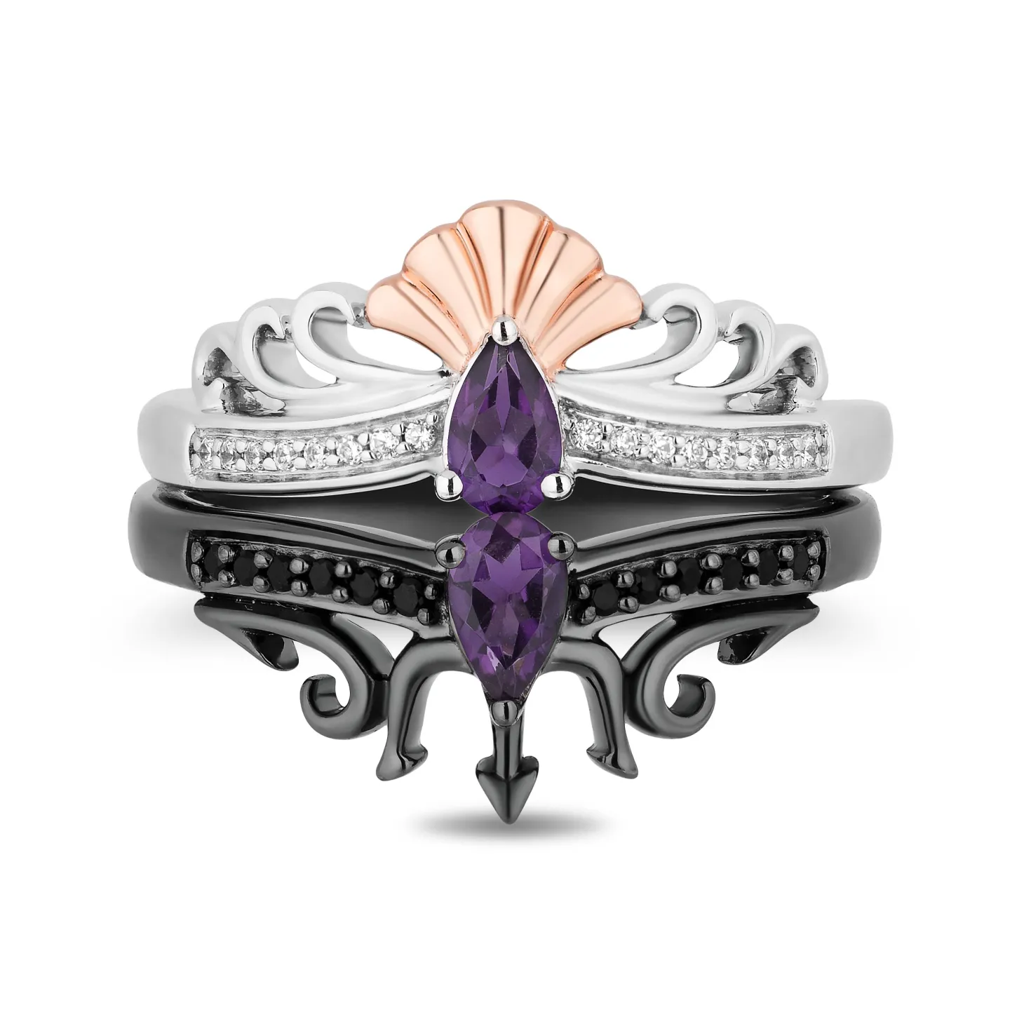Enchanted Disney Fine Jewelry Black Rhodium and 14K Rose Gold over Sterling Silver With 1/6 CTTW Black and White Diamond and Pear Amethyst Ariel and Ursula Villains Duo Stack Ring