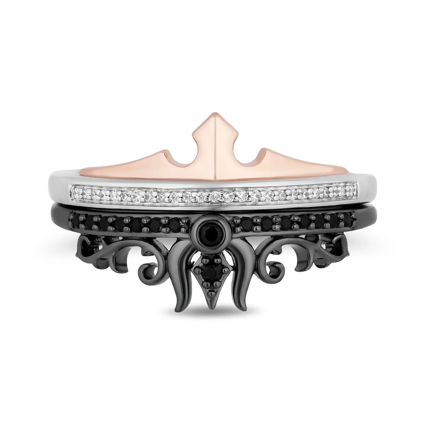 Enchanted Disney Fine Jewelry Black Rhodium and 14K Rose Gold Over Sterling Silver 1/5 CTTW Black and White Diamond Aurora and Maleficent Duo Stack Ring