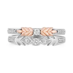 Enchanted Disney Fine Jewelry Sterling Silver and 10K Rose Gold With 1/5 CTTW Diamond Elsa and Anna Duo Stack Ring