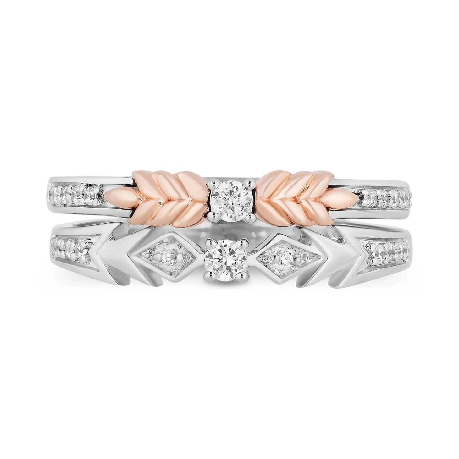 Enchanted Disney Fine Jewelry Sterling Silver and 10K Rose Gold With 1/5 CTTW Diamond Elsa and Anna Duo Stack Ring