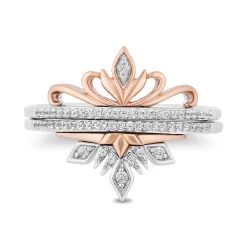 Enchanted Disney Fine Jewelry Sterling Silver and 10K Rose Gold With 1/6 CTTW Diamond Elsa and Anna Duo Stack Ring
