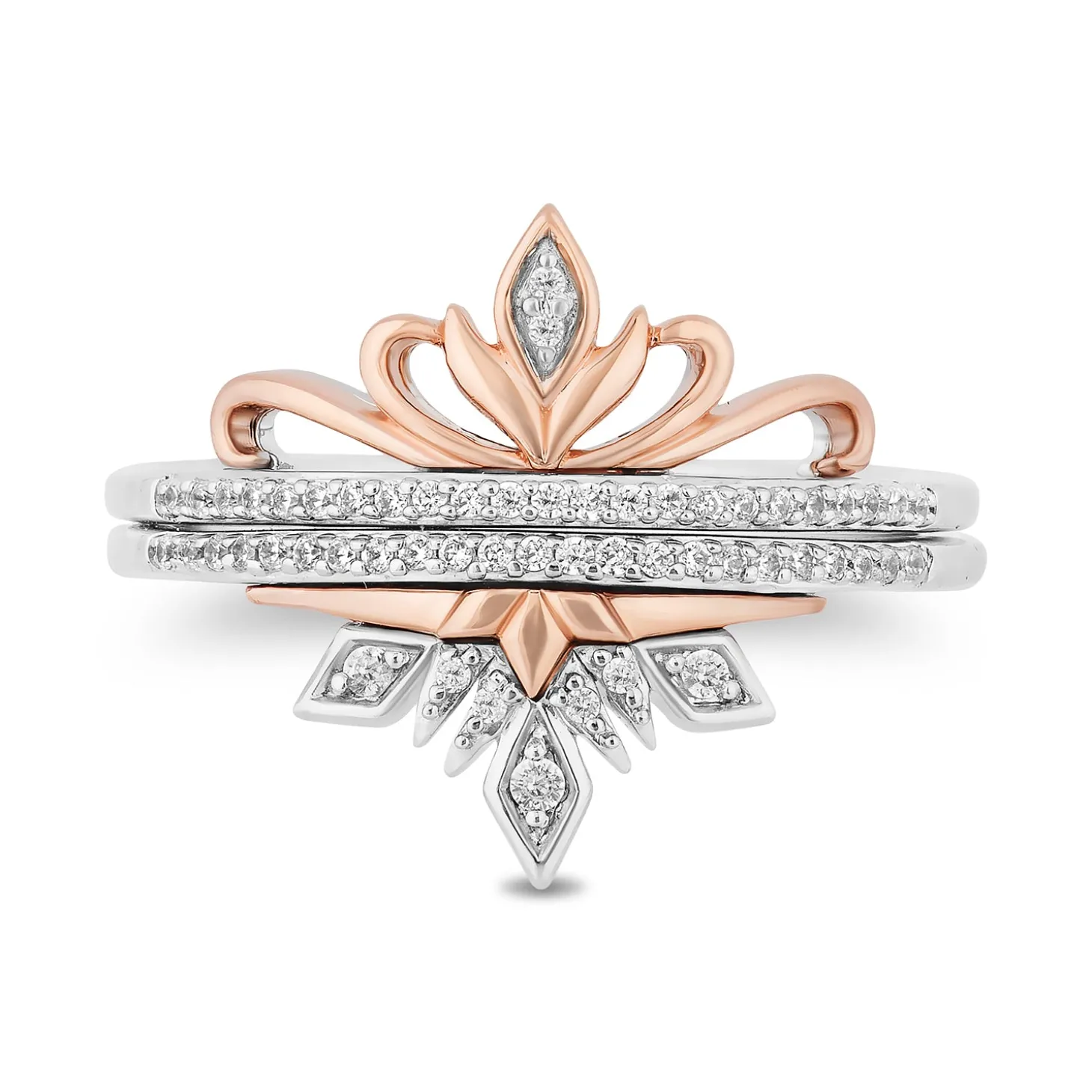 Enchanted Disney Fine Jewelry Sterling Silver and 10K Rose Gold With 1/6 CTTW Diamond Elsa and Anna Duo Stack Ring