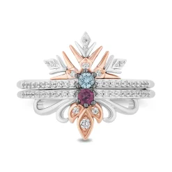 Enchanted Disney Fine Jewelry Sterling Silver and 10K Rose Gold With 1/5 CTTW Diamond with Round Swiss Blue Topaz and Rhodolite Garnet Elsa and Anna Duo Stack Ring