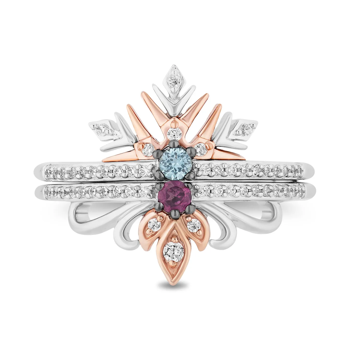 Enchanted Disney Fine Jewelry Sterling Silver and 10K Rose Gold With 1/5 CTTW Diamond with Round Swiss Blue Topaz and Rhodolite Garnet Elsa and Anna Duo Stack Ring