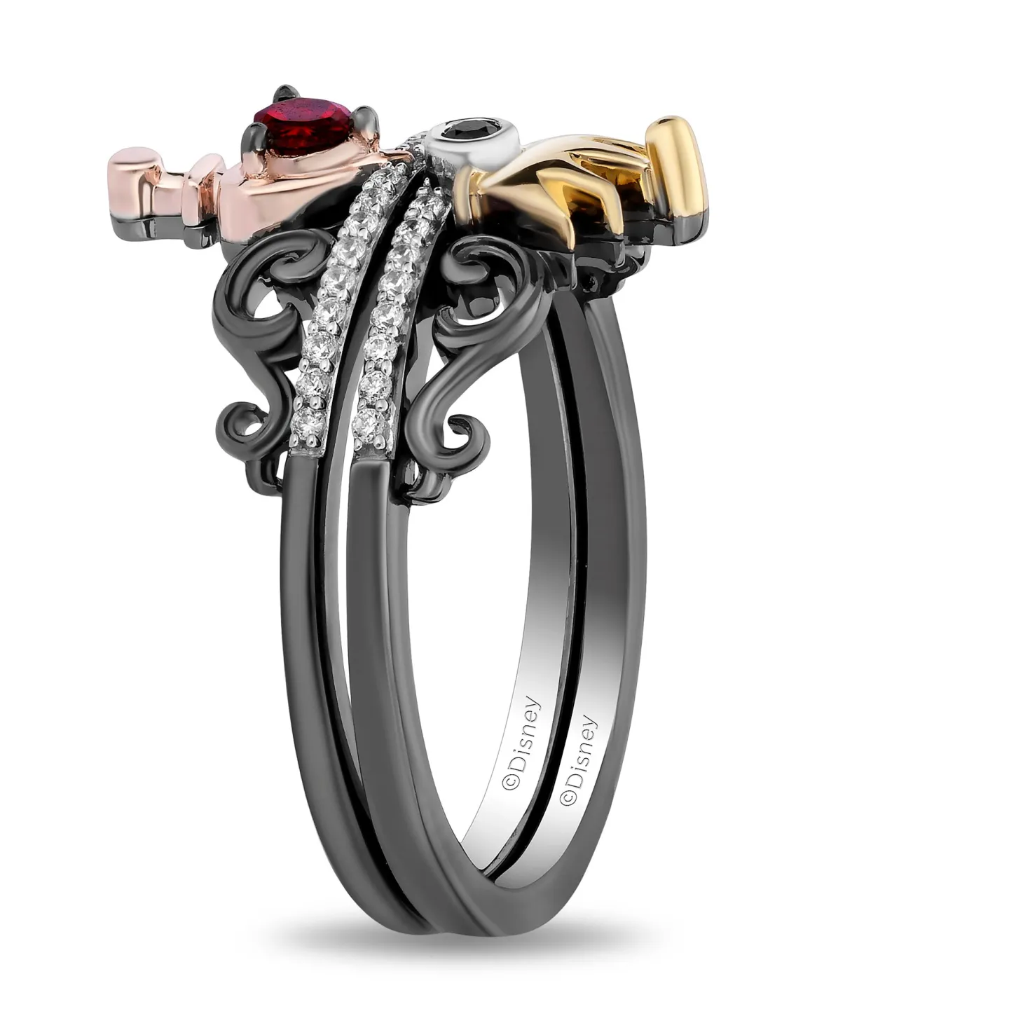 Enchanted Disney Fine Jewelry Black Rhodium Over Sterling Silver with 10K Rose Gold and Yellow Gold 1/8 CTTW Diamond and Red Garnet Evil Queen Aurora Stack Ring