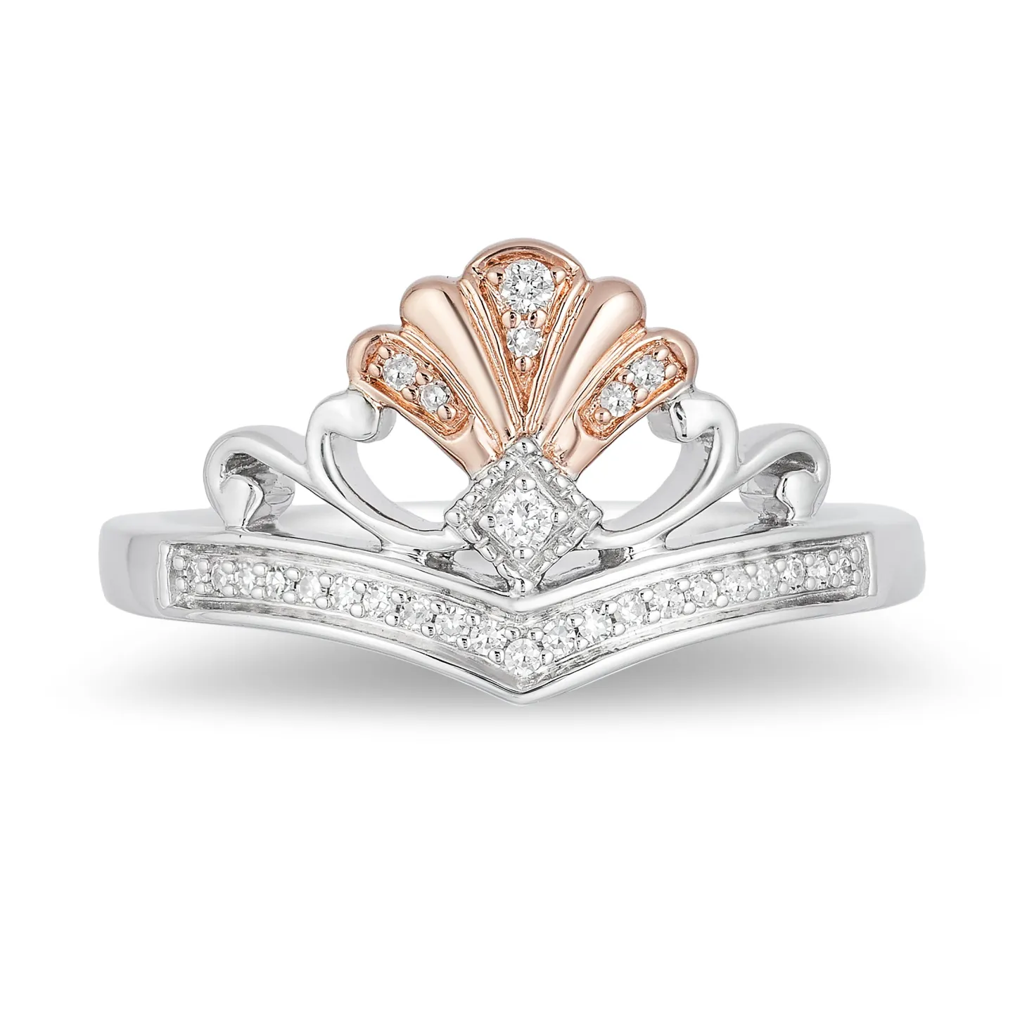 Enchanted Disney Fine Jewelry 14K Rose Gold Over Sterling Silver with 1/10 CTTW Ariel Shell Tiara Ring