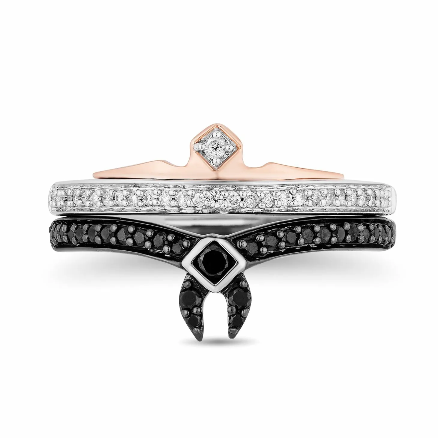 Enchanted Disney Fine Jewelry Black Rhodium over Sterling Silver and 10K Rose Gold 1/4 CTTW Black Diamond and White Diamond Aurora Duo Set Ring