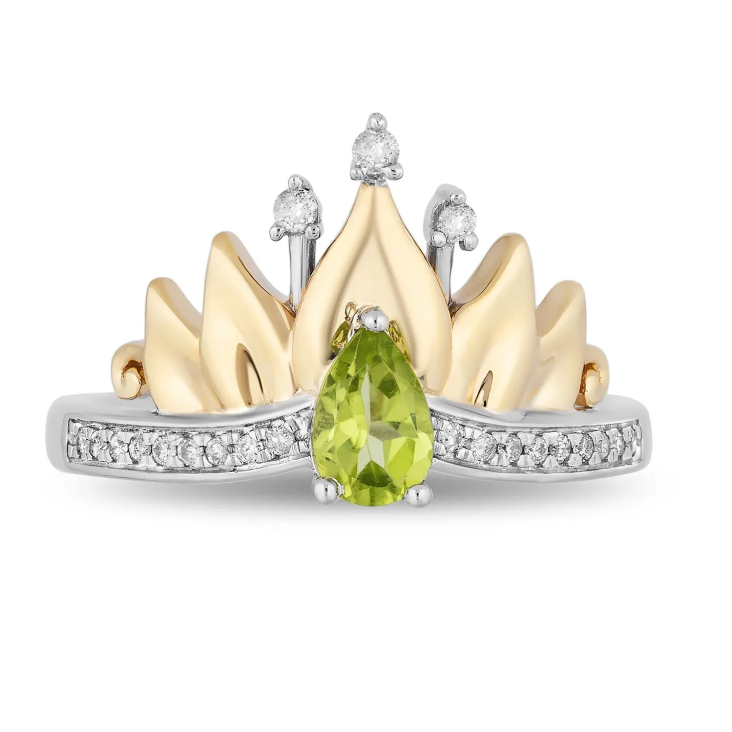 Enchanted Disney Fine Jewelry Sterling Silver and 10K Yellow Gold 1/10 CTTW Diamond and Peridot Tiana Water Lily Tiara Ring