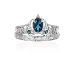 Enchanted Disney Fine Jewelry Sterling Silver with 1/10 CTTW Diamond and London Blue Topaz Cinderella Carriage Tiara Ring