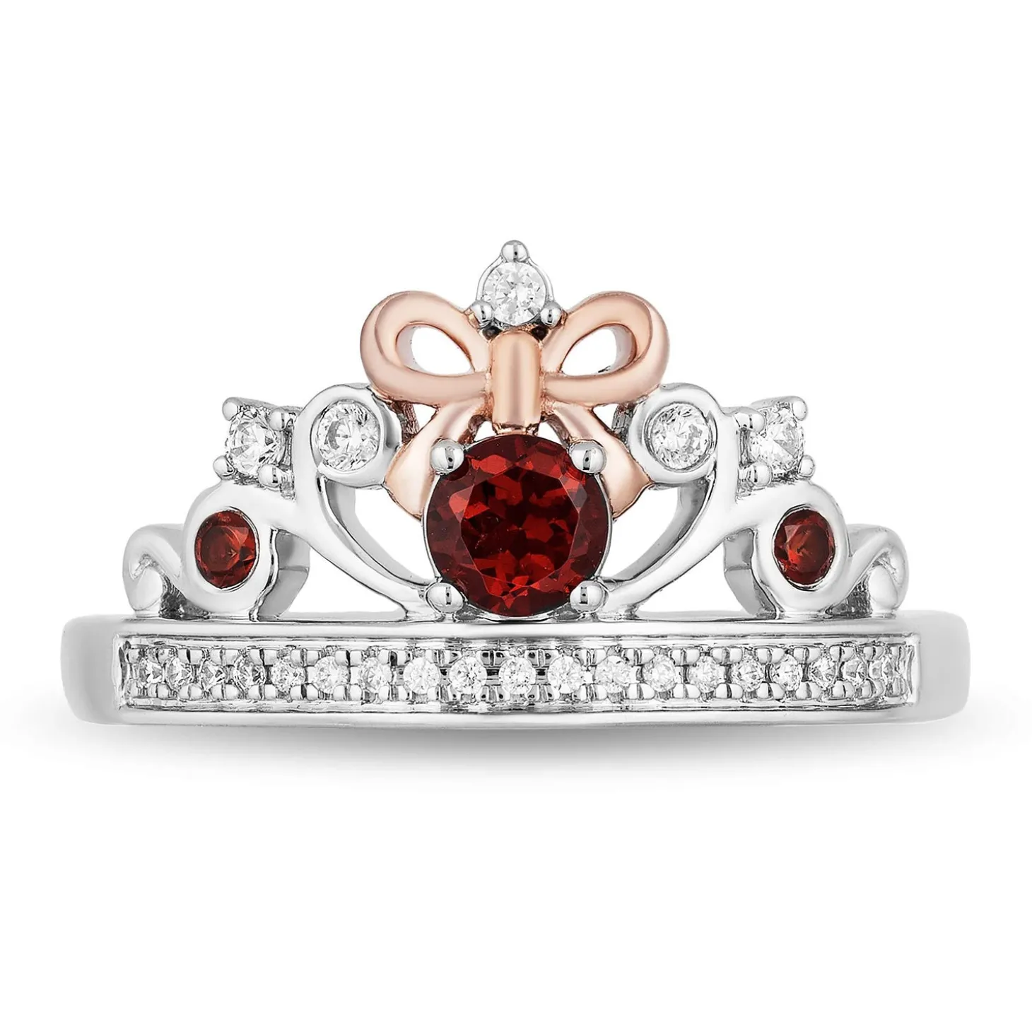 Enchanted Disney Fine Jewelry 14K Rose Gold Over Sterling Silver 1/10 CTTW Diamond and Red Garnet Snow White Tiara Ring