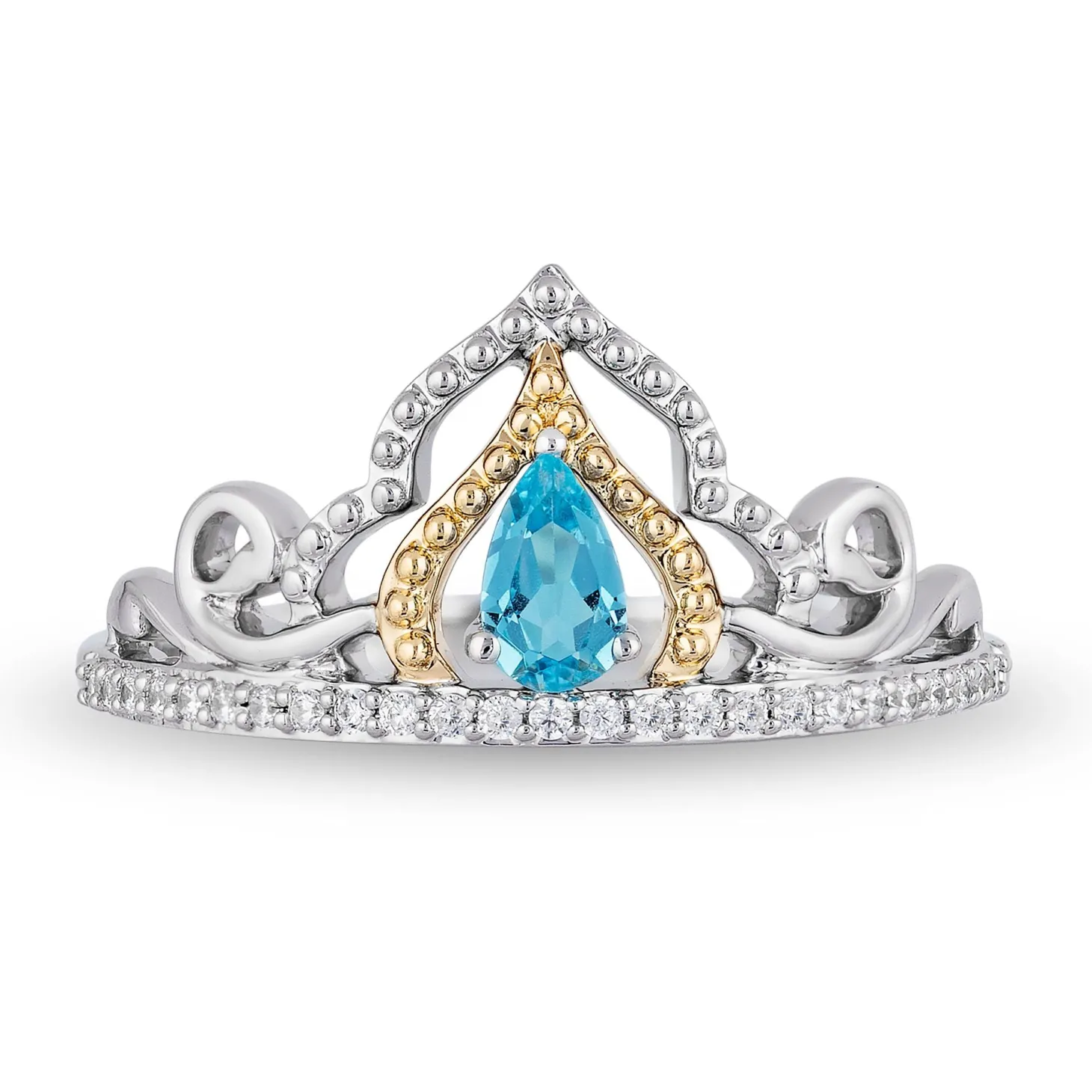 Enchanted Disney Fine Jewelry Sterling Silver and 10K Yellow Gold 1/10 CTTW Diamond and Swiss Blue Topaz Jasmine Ring