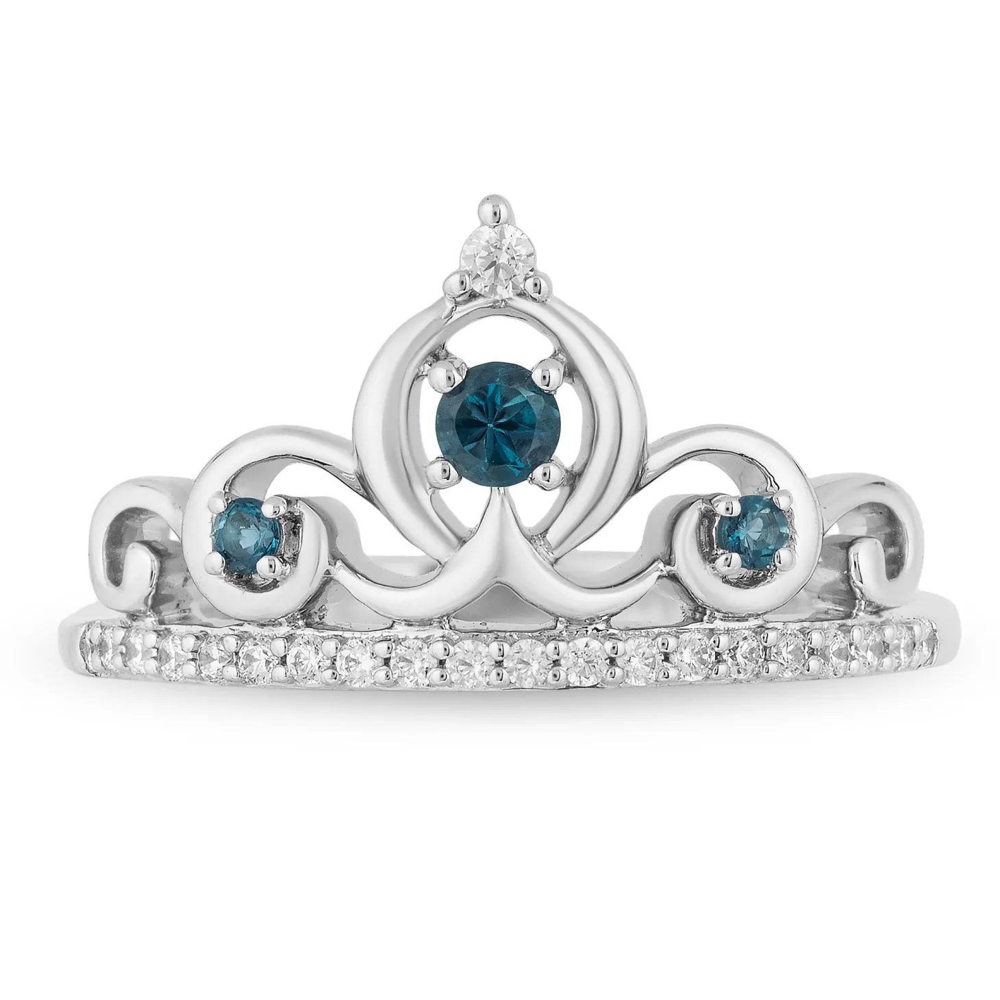 Enchanted Disney Fine Jewelry Sterling Silver 1/6 CTTW Diamond and London Blue Topaz Cinderella Tiara Ring