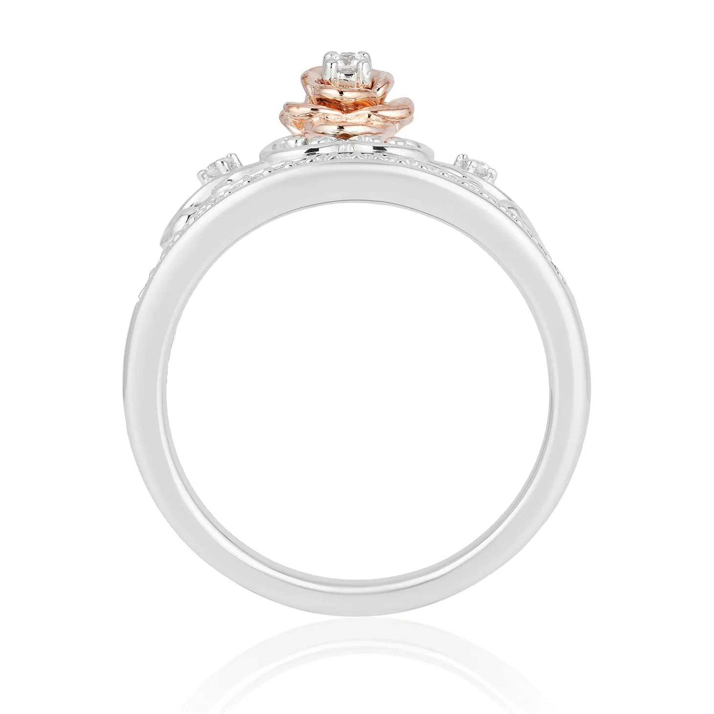 Enchanted Disney Fine Jewelry Sterling Silver And 10K Rose Gold 1/10 CTTW Belle Rose Tiara Ring