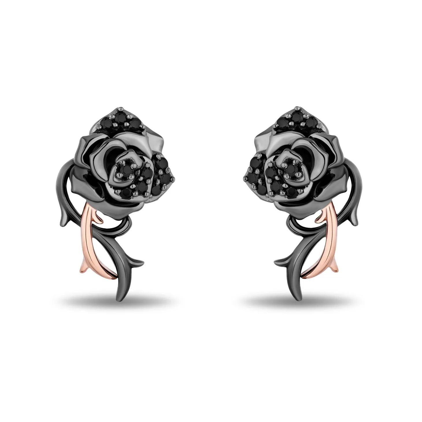 Enchanted Disney Fine Jewelry Black Rhodium Over Sterling Silver and 10K Rose Gold with 1/6 CTTW Black Diamonds Maleficent Rose Earrings