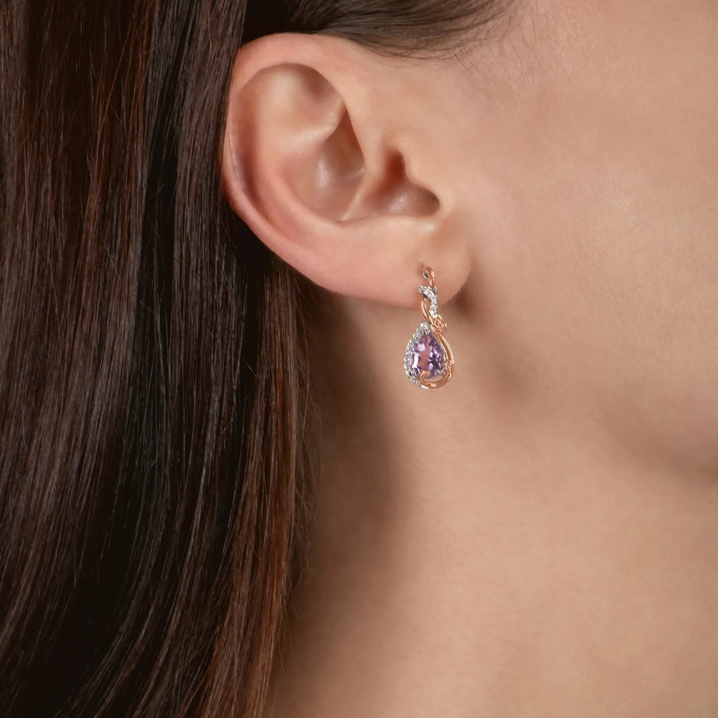 Enchanted Disney Fine Jewelry 14K Rose Gold over Sterling Silver with 1/10 CTTW Diamond and Rose De France Rapunzel Dangle Earrings