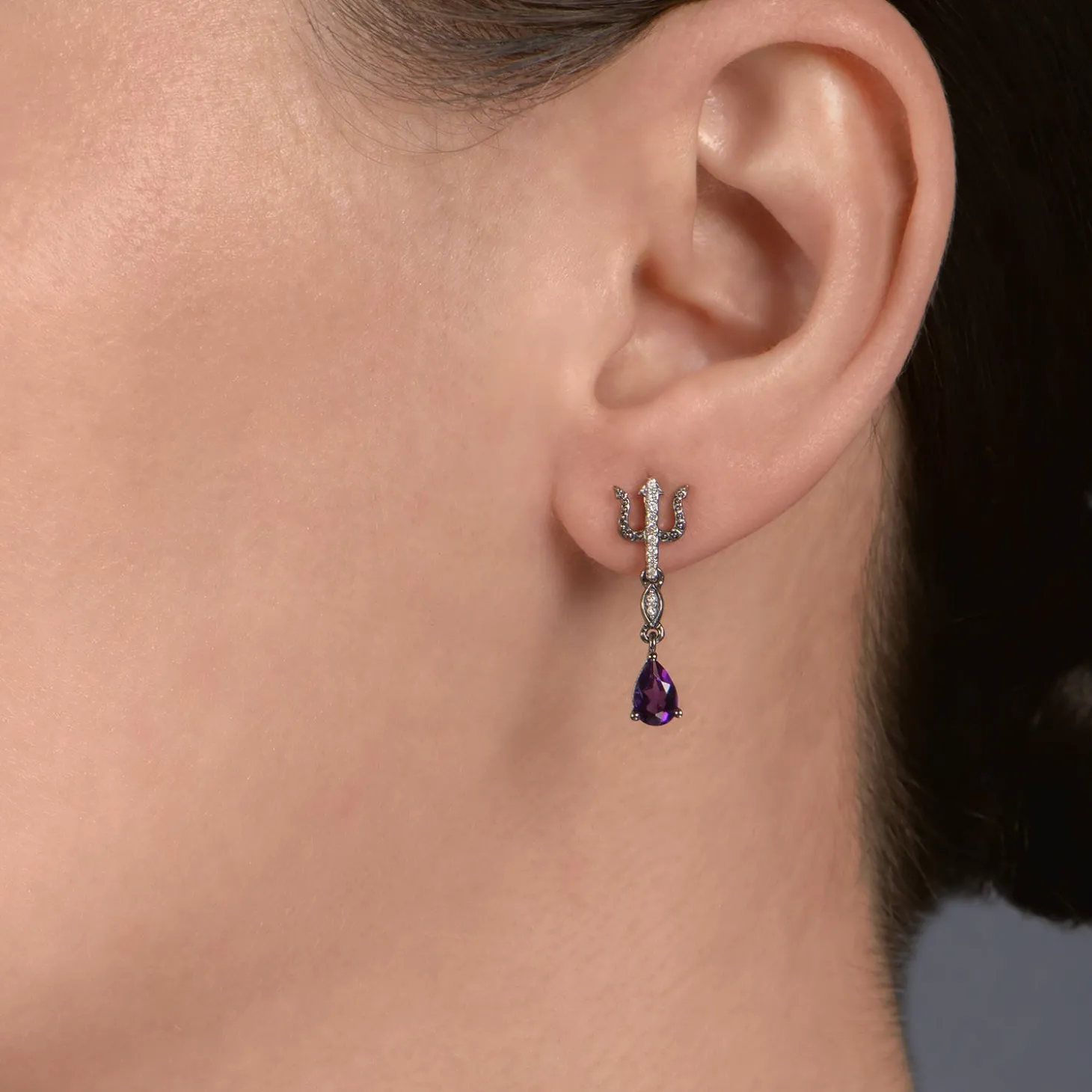 Enchanted Disney Fine Jewelry Black Rhodium over Sterling Silver with 1/20 CTTW White Diamond with Amethyst Ursula Earrings
