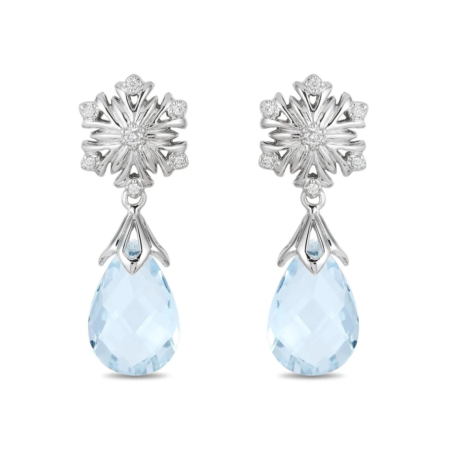 Enchanted Disney Fine Jewelry 14K White Gold With 1/10 CTTW Diamond and Aquamarine Elsa Snow Flake Earrings