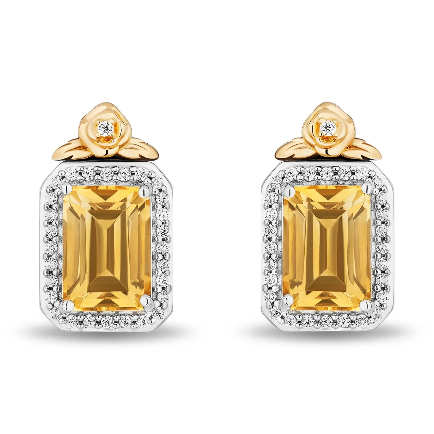 Enchanted Disney Fine Jewelry Sterling Silver and 10K Yellow Gold with 1/6 CTTW Diamonds and Citrine Belle Stud Earrings
