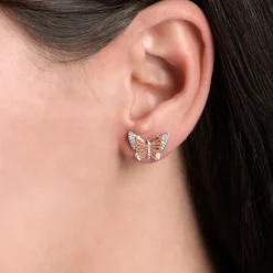 Enchanted Disney Fine Jewelry Sterling Silver and 10K Rose Gold 1/10 CTTW Natural White Round Diamond Mulan Butterfly Earrings