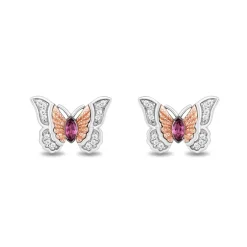 Enchanted Disney Fine Jewelry Sterling Silver and 10K Rose Gold 1/10 CTTW Diamond and Rhodolite Garnet Mulan Butterfly Earrings