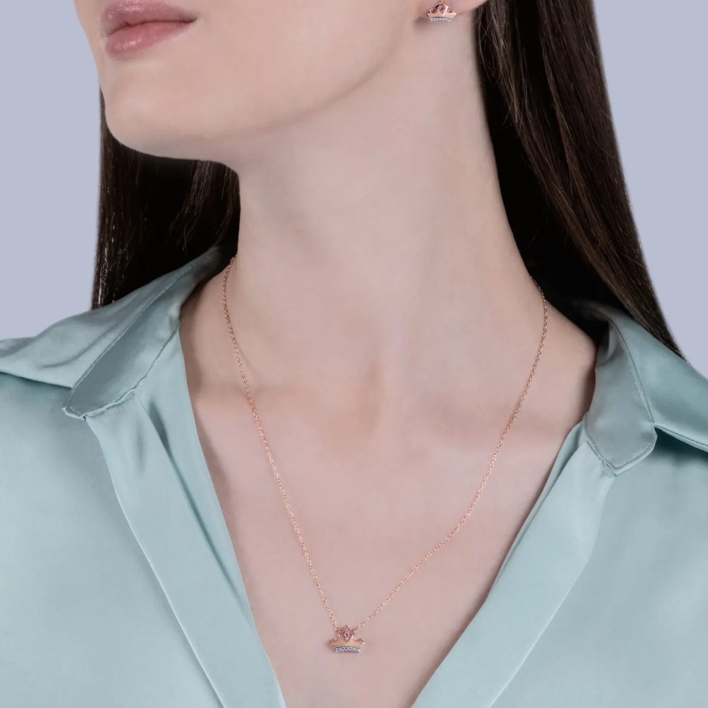 Enchanted Disney Fine Jewelry 10K Rose Gold with 1/20 CTTW Diamond and Pink Topaz Aurora Tiara Necklace