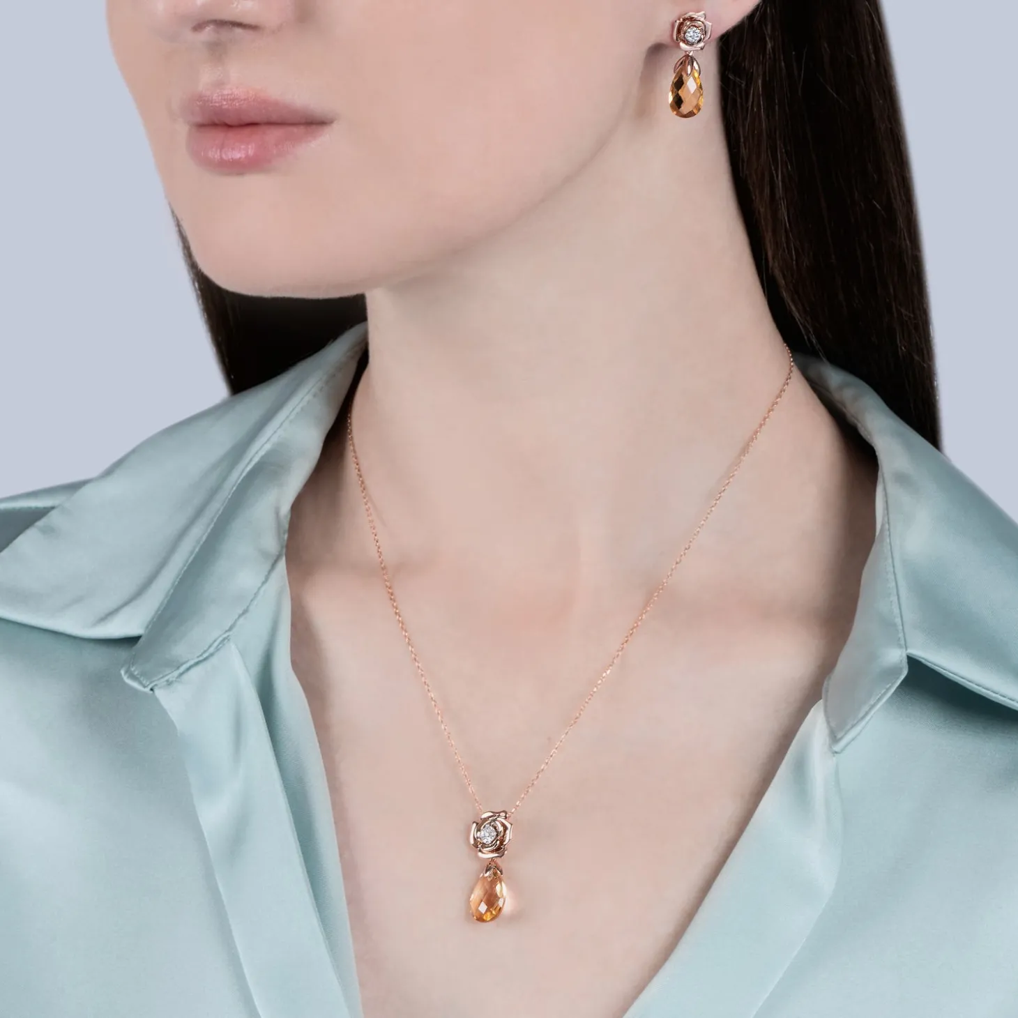 Enchanted Disney Fine Jewelry 14K Rose Gold with 1/20 CTTW Diamond and Citrine Belle Rose Composite Pendant Necklace