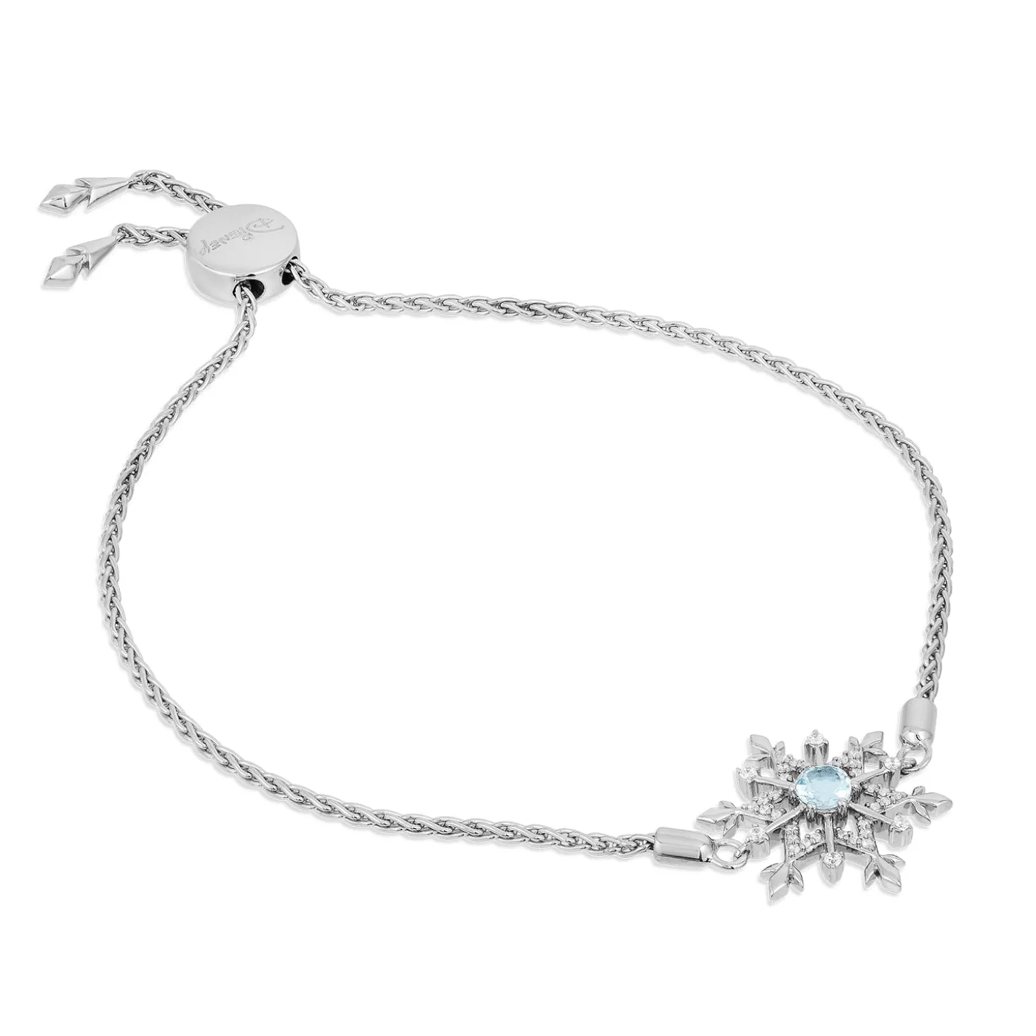 Enchanted Disney Fine Jewelry Sterling Silver with 1/6 CTTW Diamonds and Aquamarine Elsa Snowflake Bracelet