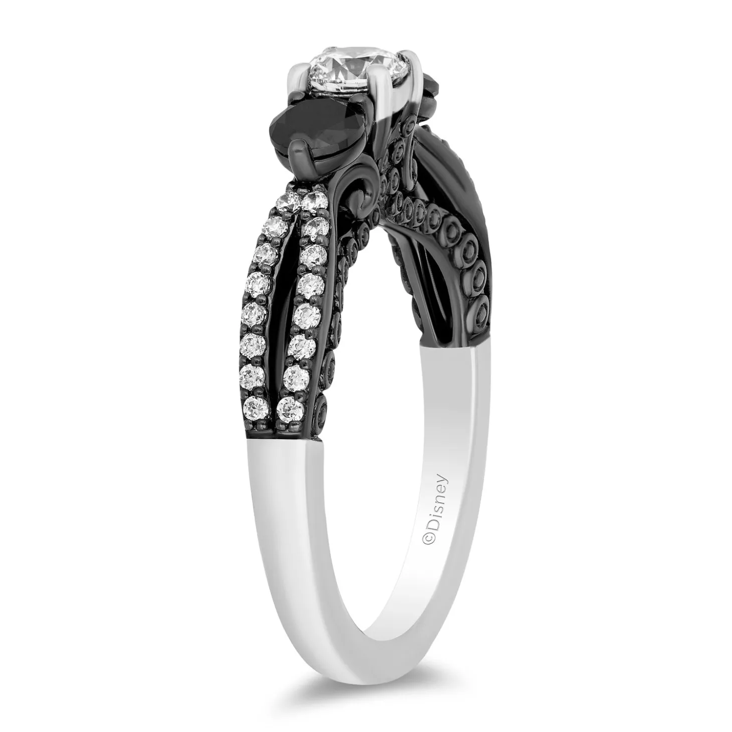 Enchanted Disney Fine Jewelry 14K White Gold with Black Rhodium Ursula Three Stone Engagement ring with Black Diamond Shoulder Stone and 1 1/4 CTTW Diamonds