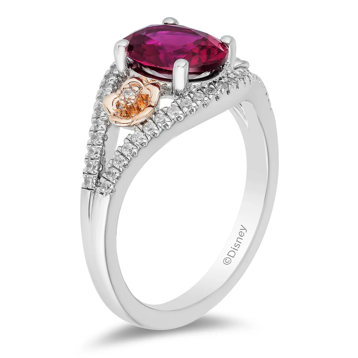 Enchanted Disney Fine Jewelry 14K Rose Gold Over Sterling Silver with 1/5 CTTW Diamonds and Rhodolite Garnet Mulan Flower Ring