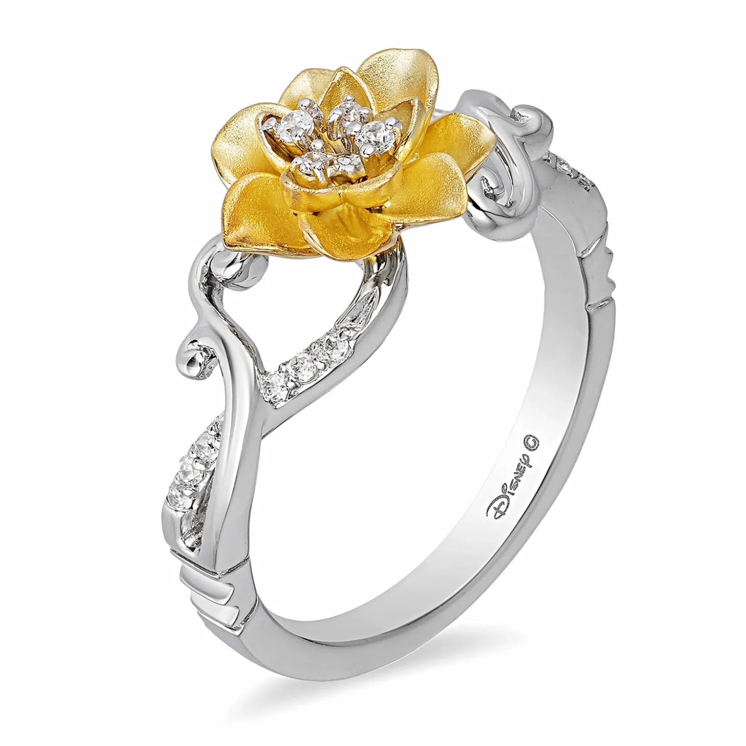 Enchanted Disney Fine Jewelry Sterling Silver and 10K Yellow Gold 1/10 CTTW Tiana Water Lily Ring