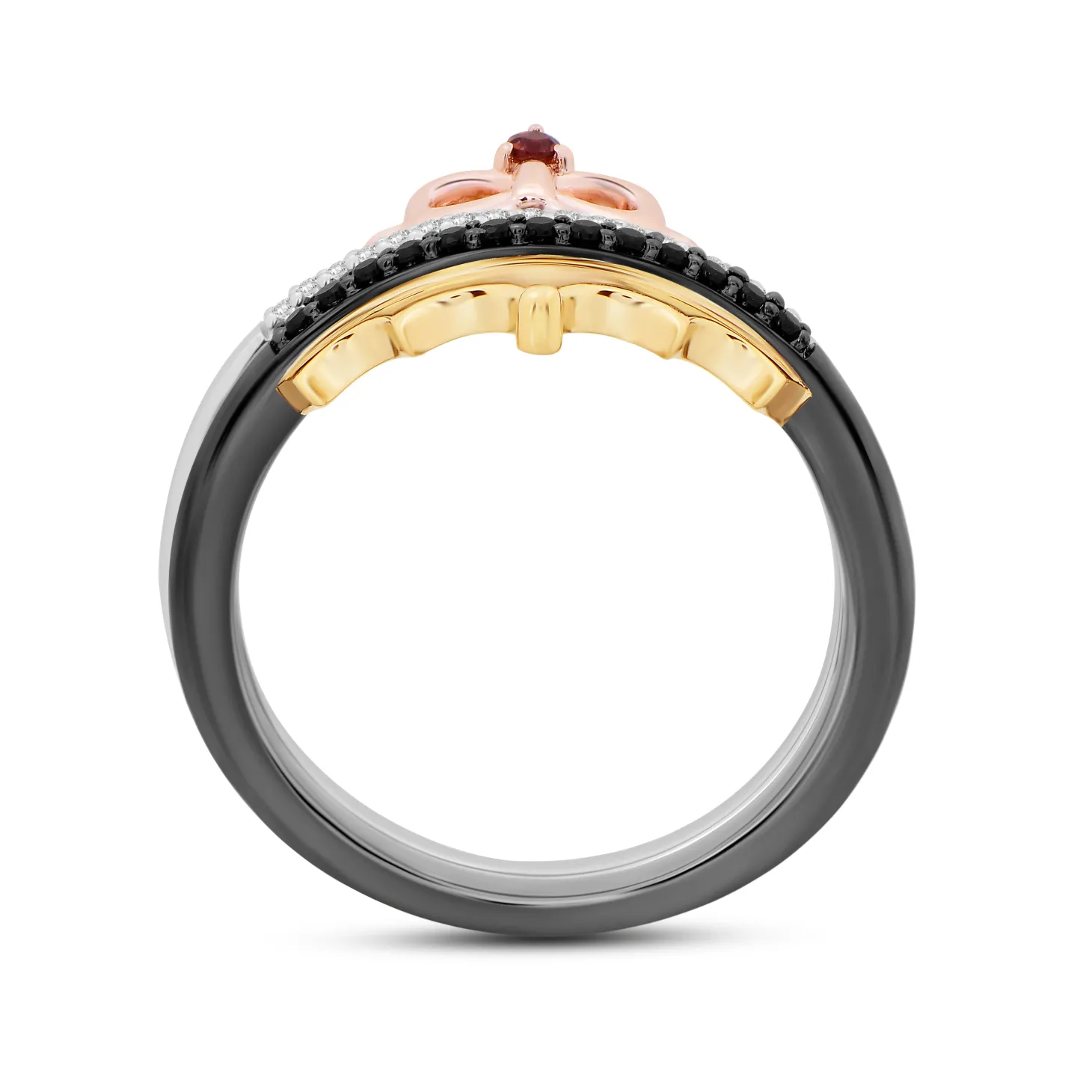 Enchanted Disney Fine Jewelry 14K Rose Gold and Yellow Gold Over Sterling Silver with 1/6 CTTW Diamonds and Garnet Snow White Evil Queen Duo Ring