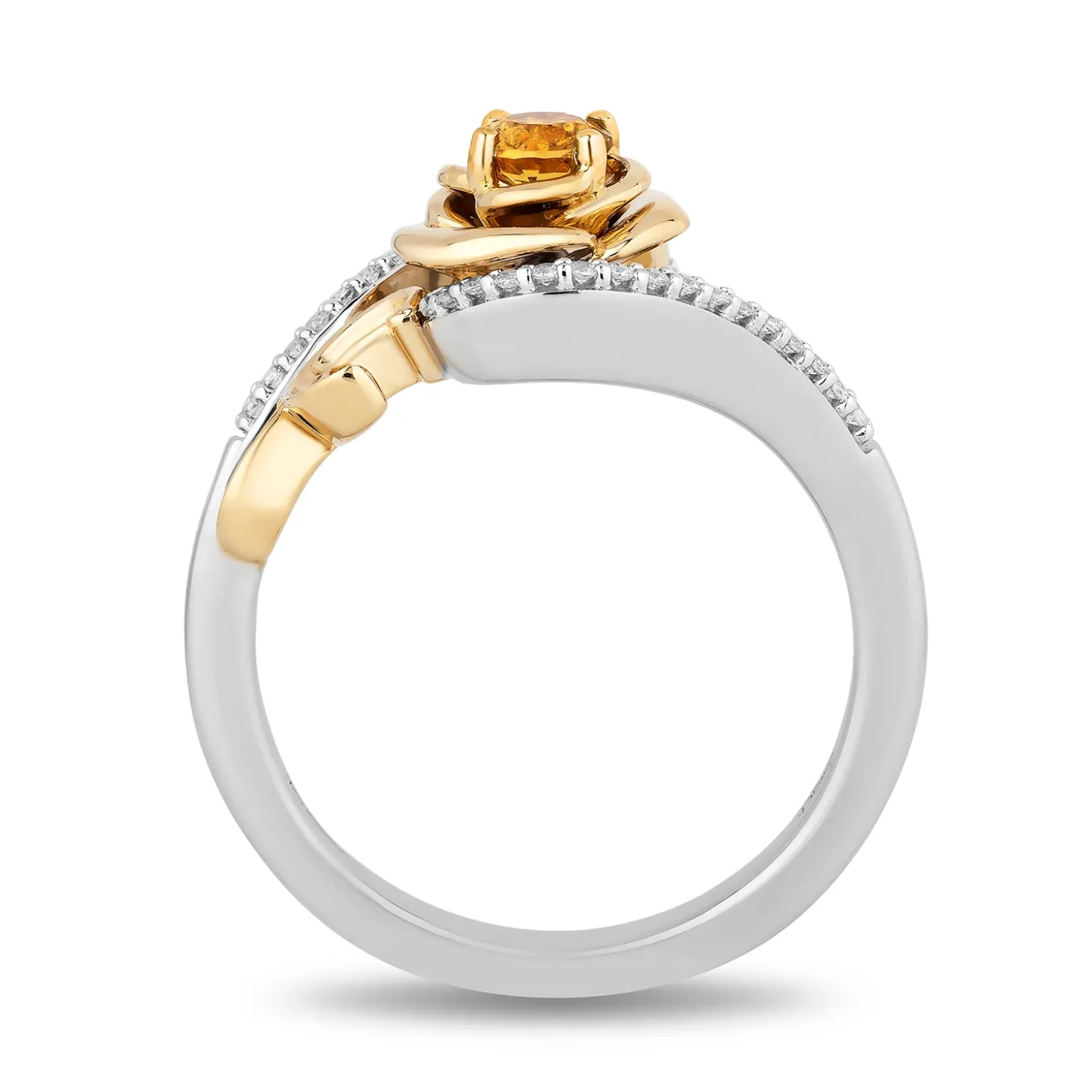 Enchanted Disney Fine Jewelry Sterling Silver and 10K Yellow Gold with 1/10 CTTW Diamond and Yellow Citrine Belle 30th Rose Ring
