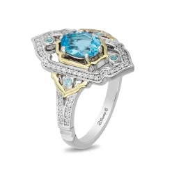 Enchanted Disney Fine Jewelry Sterling Silver and 10K Yellow Gold 1/5 CTTW Diamond and Swiss Blue Topaz Jasmine Ring