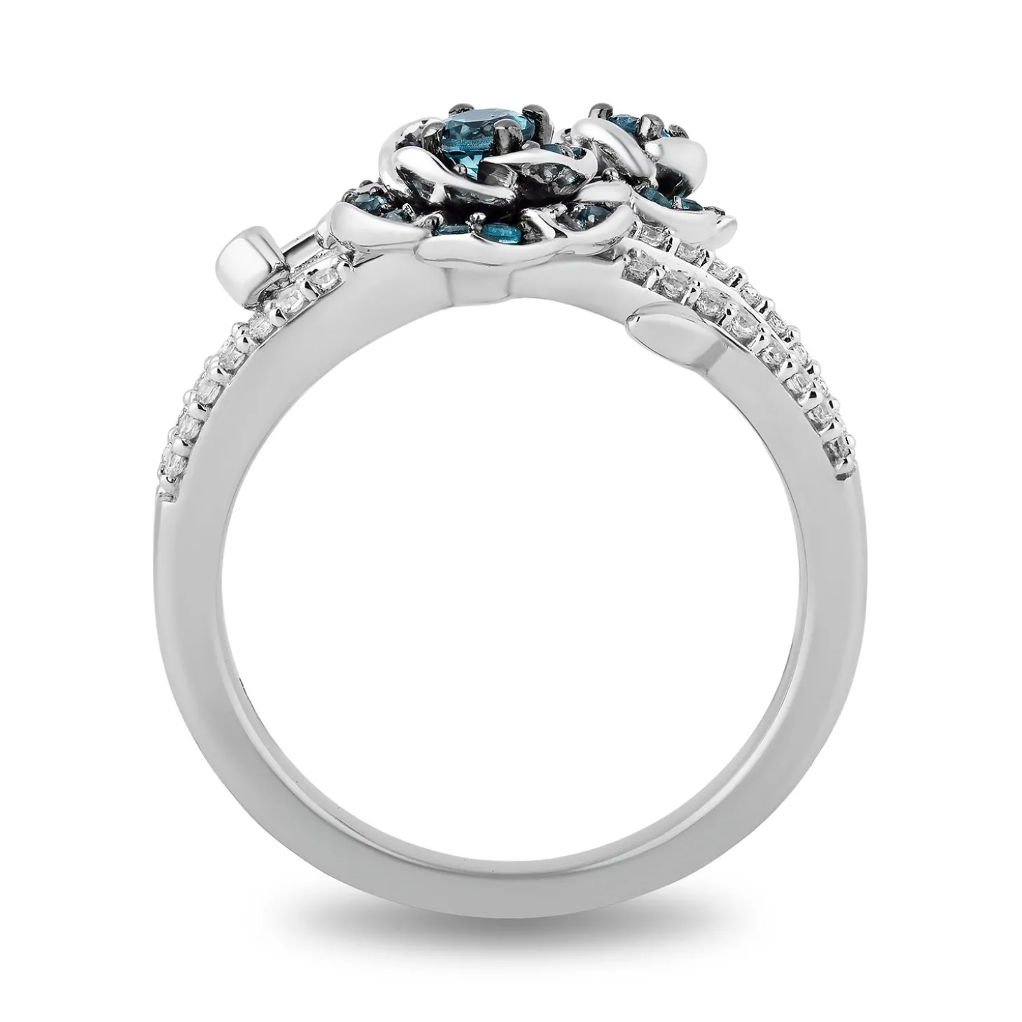 Enchanted Disney Fine Jewelry Sterling Silver with 1/6 CTTW Diamond and London Blue Topaz Cinderella 70th Gardenia Flower Ring