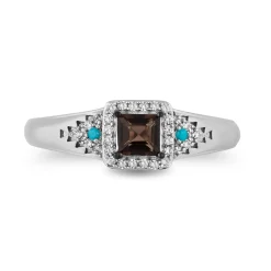 Enchanted Disney Fine Jewelry Sterling Silver with 1/10 CTTW Diamond with Smokey Quartz and Turquoise Pocahontas Ring