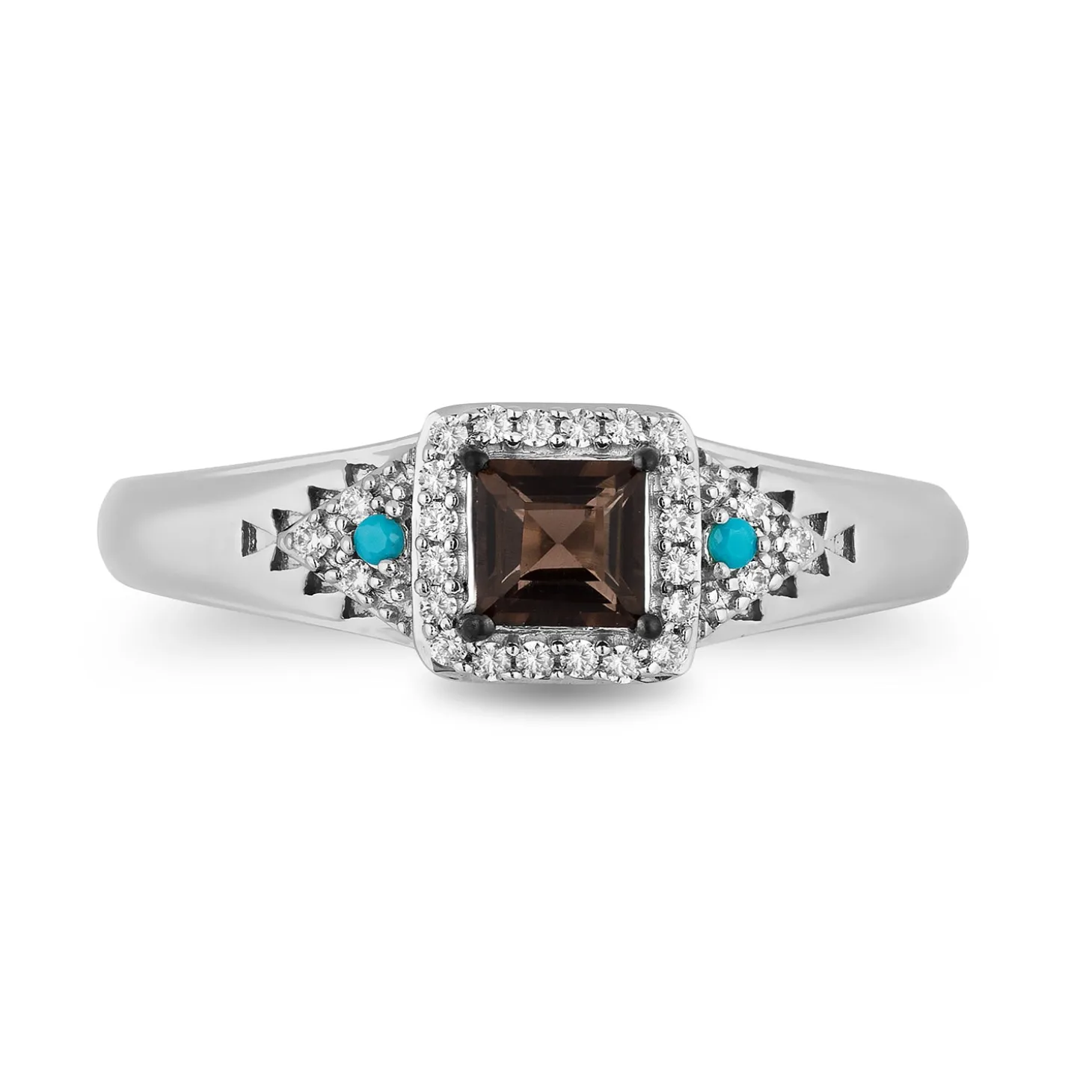 Enchanted Disney Fine Jewelry Sterling Silver with 1/10 CTTW Diamond with Smokey Quartz and Turquoise Pocahontas Ring