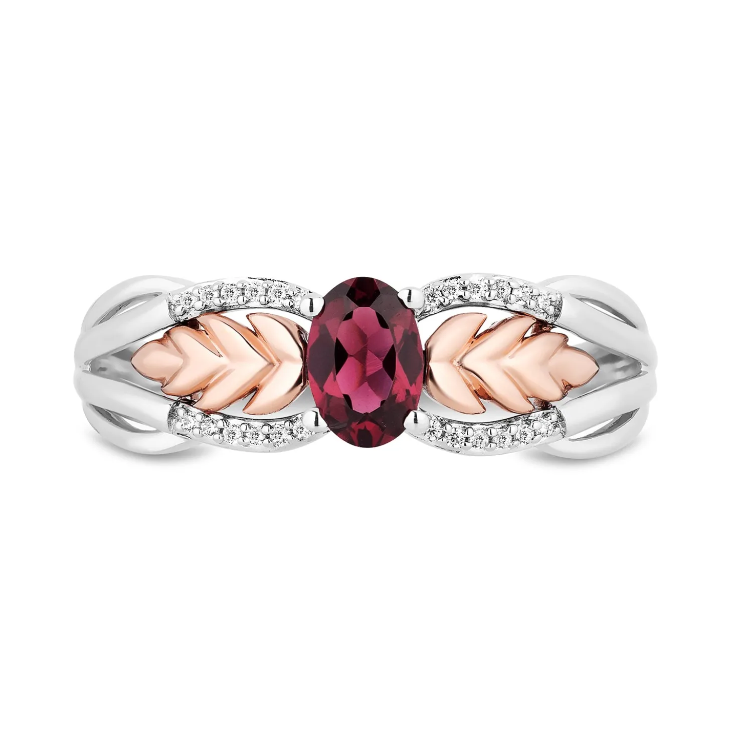 Enchanted Disney Fine Jewelry Sterling Silver and 10K Rose Gold with 1/20 CTTW Diamonds and Rhodolite Garnet Anna Wheat Ring