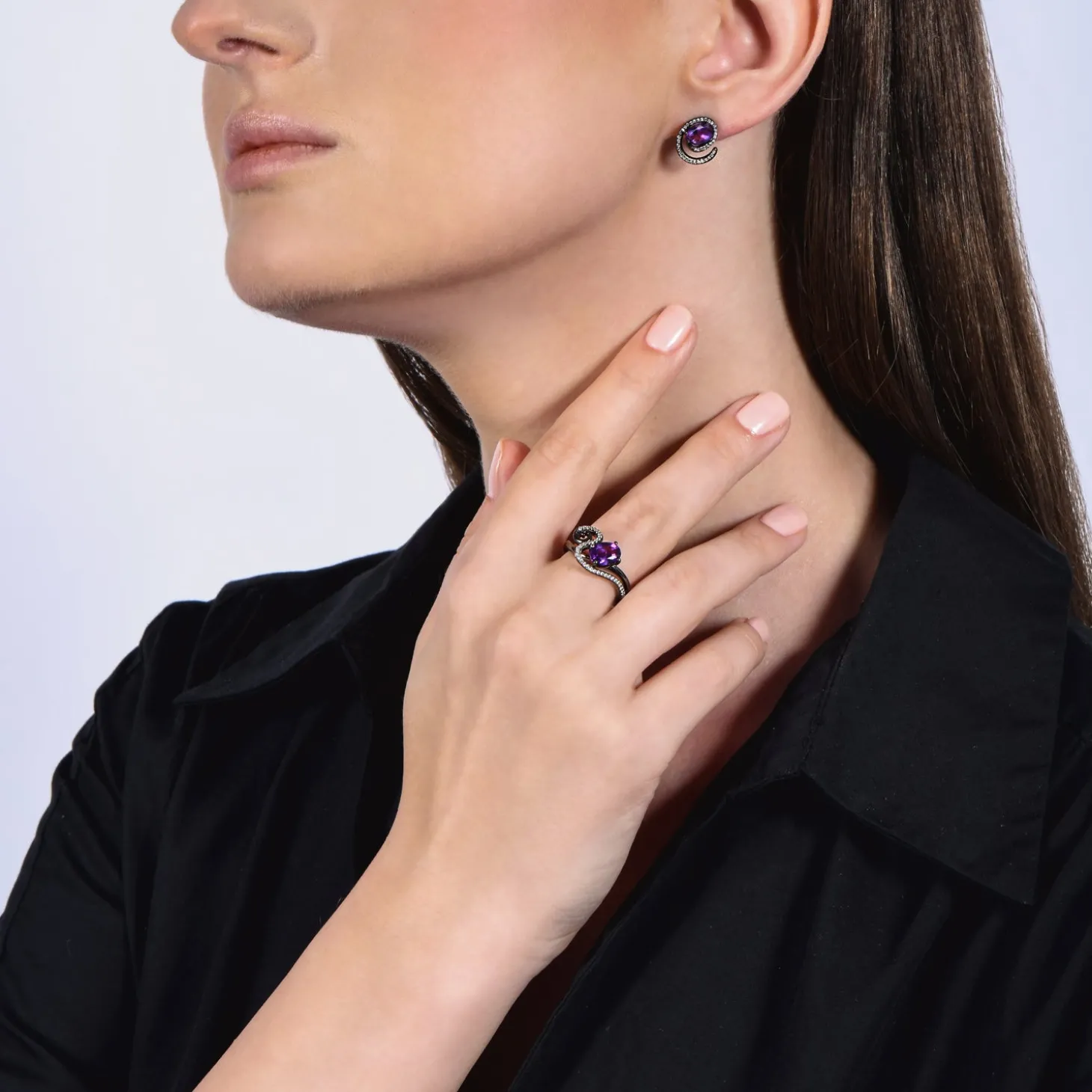 Enchanted Disney Fine Jewelry Black Rhodium Over Sterling Silver with 1/6 CTTW Diamond and Amethyst Ursula Ring