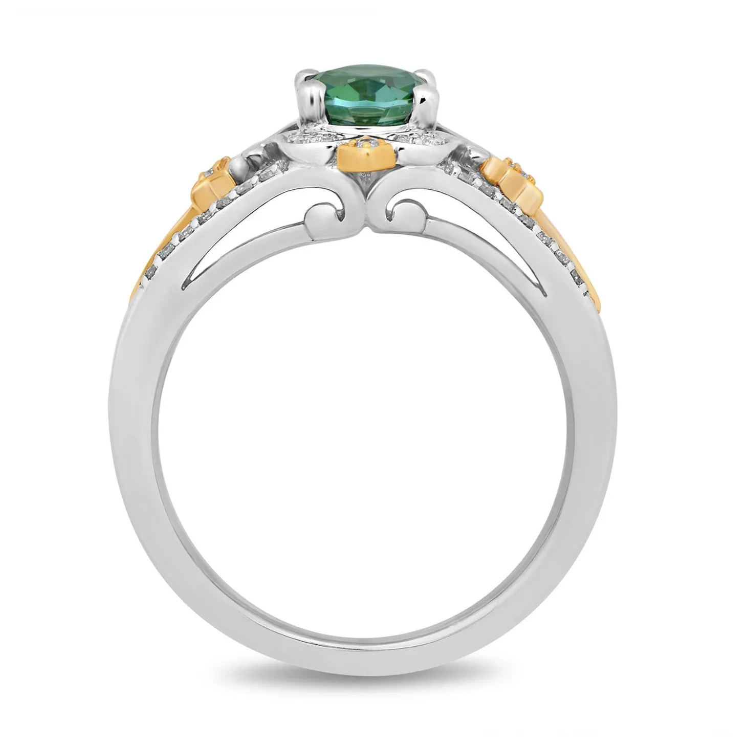 Enchanted Disney Fine Jewelry Sterling Silver and 10K Yellow Gold with 1/5 CTTW Diamond and Created Emerald Tinker Bell Ring