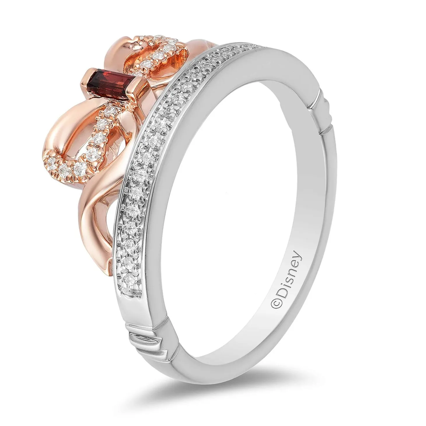 Enchanted Disney Fine Jewelry Sterling Silver and 10K Rose Gold 1/10 CTTW Diamond and Garnet Snow White Bow Fashion Ring