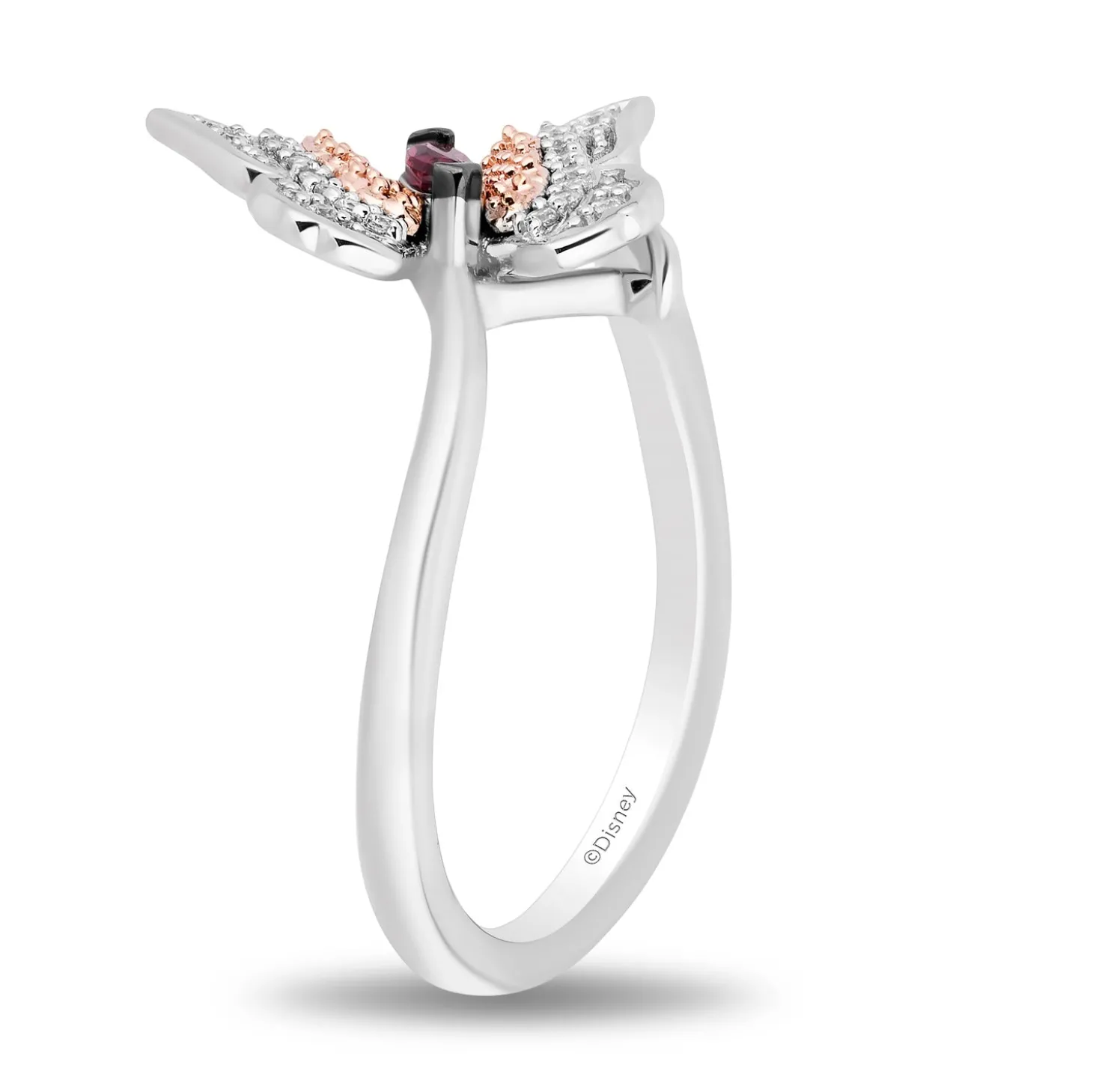 Enchanted Disney Fine Jewelry Sterling Silver and 10K Rose Gold 1/10 CTTW Diamond and Rhodolite Garnet Mulan Butterfly Ring