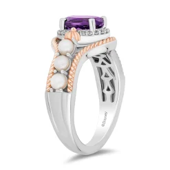 Enchanted Disney Fine Jewelry 14K Rose Gold Over Sterling Silver with 1/20 CTTW Diamonds and Amethyst and Fresh Water Pearl Little Mermaid 35th Anniversary Ariel Ring