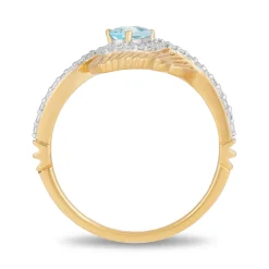 Enchanted Disney Fine Jewelry 10K Yellow Gold 1/6 CTTW Diamond with Swiss Blue Topaz Jasmine Peacock Feather Ring