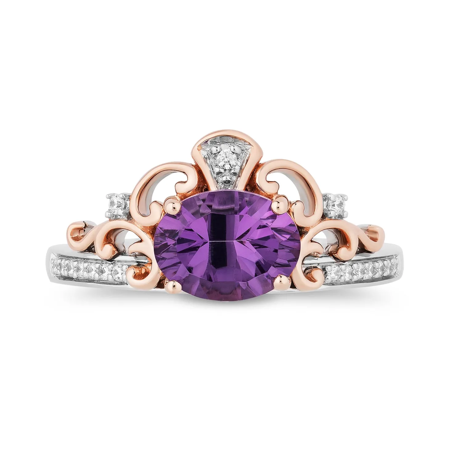Enchanted Disney Fine Jewelry Sterling Silver and 10K Rose Gold Diamond Accent and Concave Amethyst Stepsisters Ring