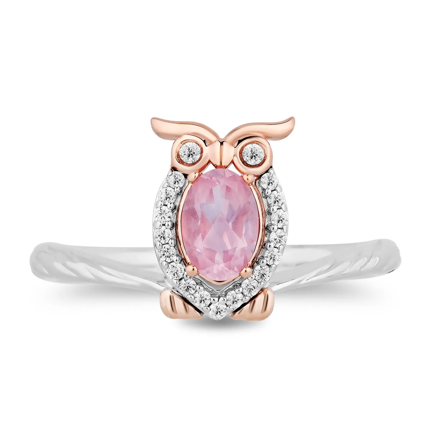 Enchanted Disney Fine Jewelry Sterling Silver and 10K Rose Gold with 1/10 CTTW Diamond and Pink Quartz Aurora Owl Ring
